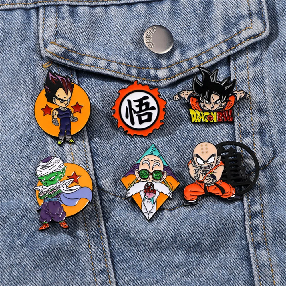6Pcs Anime Dragon Ball Son Goku Enamel Brooch Badge Cartoon Vegeta Piccolo Master Roshi Krillin Lapel Pins For Fans Gifts