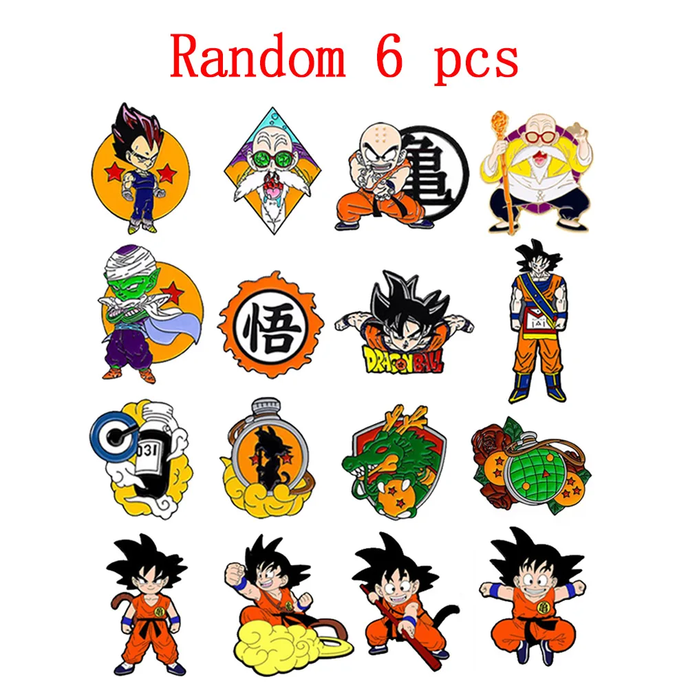 6Pcs Anime Dragon Ball Son Goku Enamel Brooch Badge Cartoon Vegeta Piccolo Master Roshi Krillin Lapel Pins For Fans Gifts