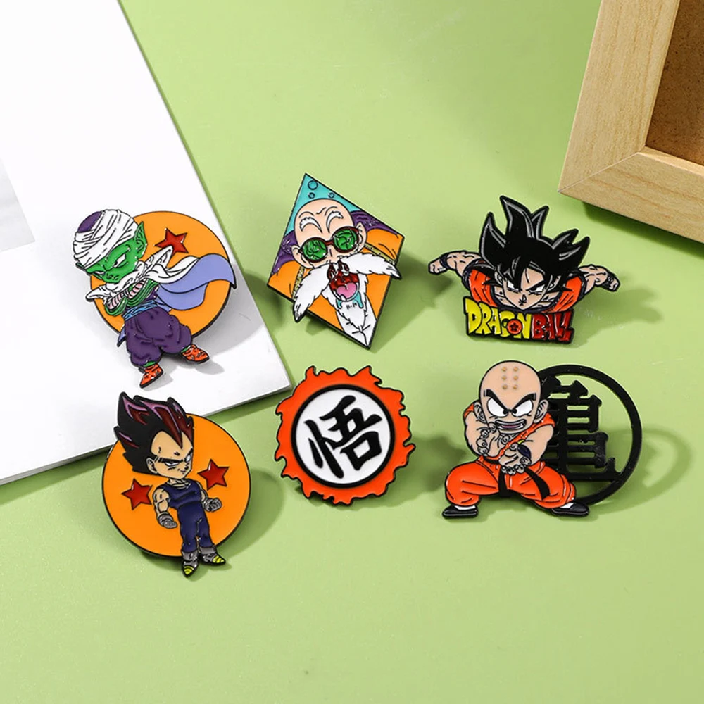6Pcs Anime Dragon Ball Son Goku Enamel Brooch Badge Cartoon Vegeta Piccolo Master Roshi Krillin Lapel Pins For Fans Gifts