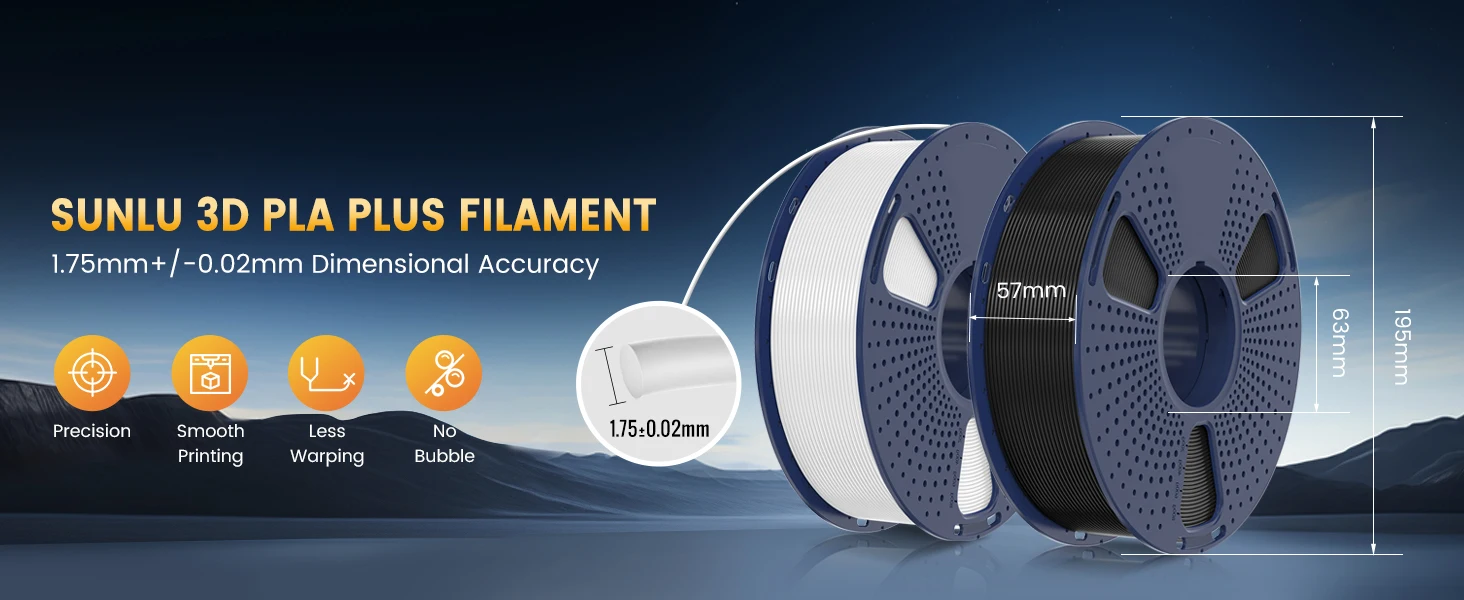 SUNLU 2KG PLA+2.0 3D Printer Filament Tougher and Stronger PLA Plus Filament 1000G/Roll 1.75mm 3D Filament Fits for FDM 3D Print
