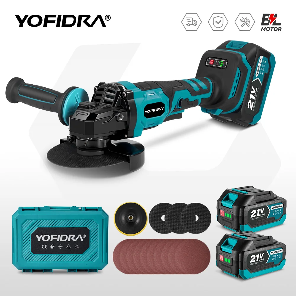 YOFIDRA Brushless Angle Grinder 3 Gear 125mm Grinding Machine Polishing Cutting Woodworking Tool For Makita 21V Battery Pin