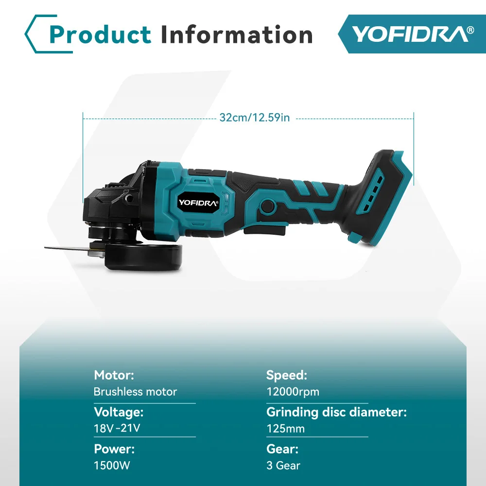 YOFIDRA Brushless Angle Grinder 3 Gear 125mm Grinding Machine Polishing Cutting Woodworking Tool For Makita 21V Battery Pin