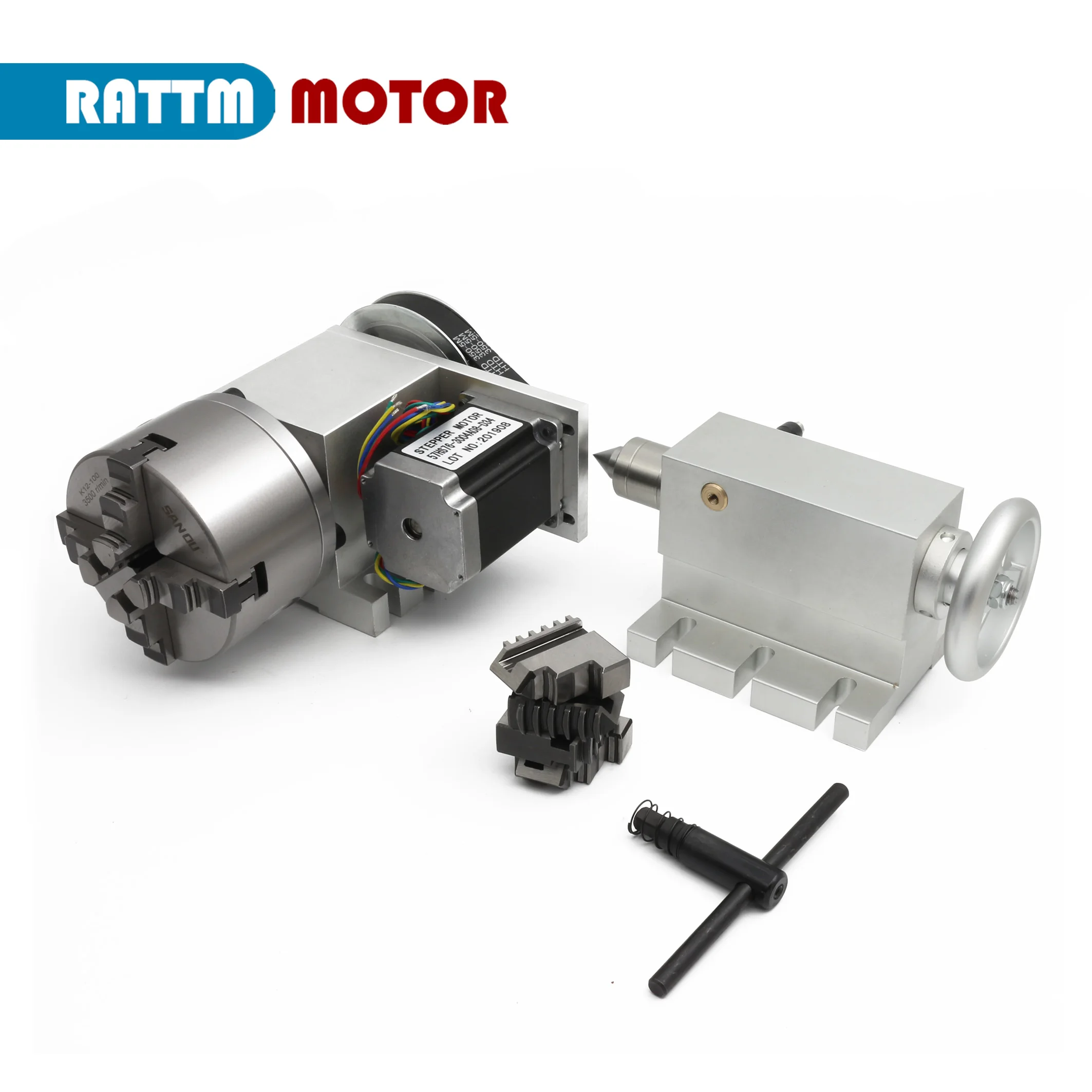【EU Stock】K11-100m K12-100mm 3 Jaw or 4Jaw Chuck 4th Axis+Tailstock Dividing Head Rotation Axis with Nema23 Stepper Motor
