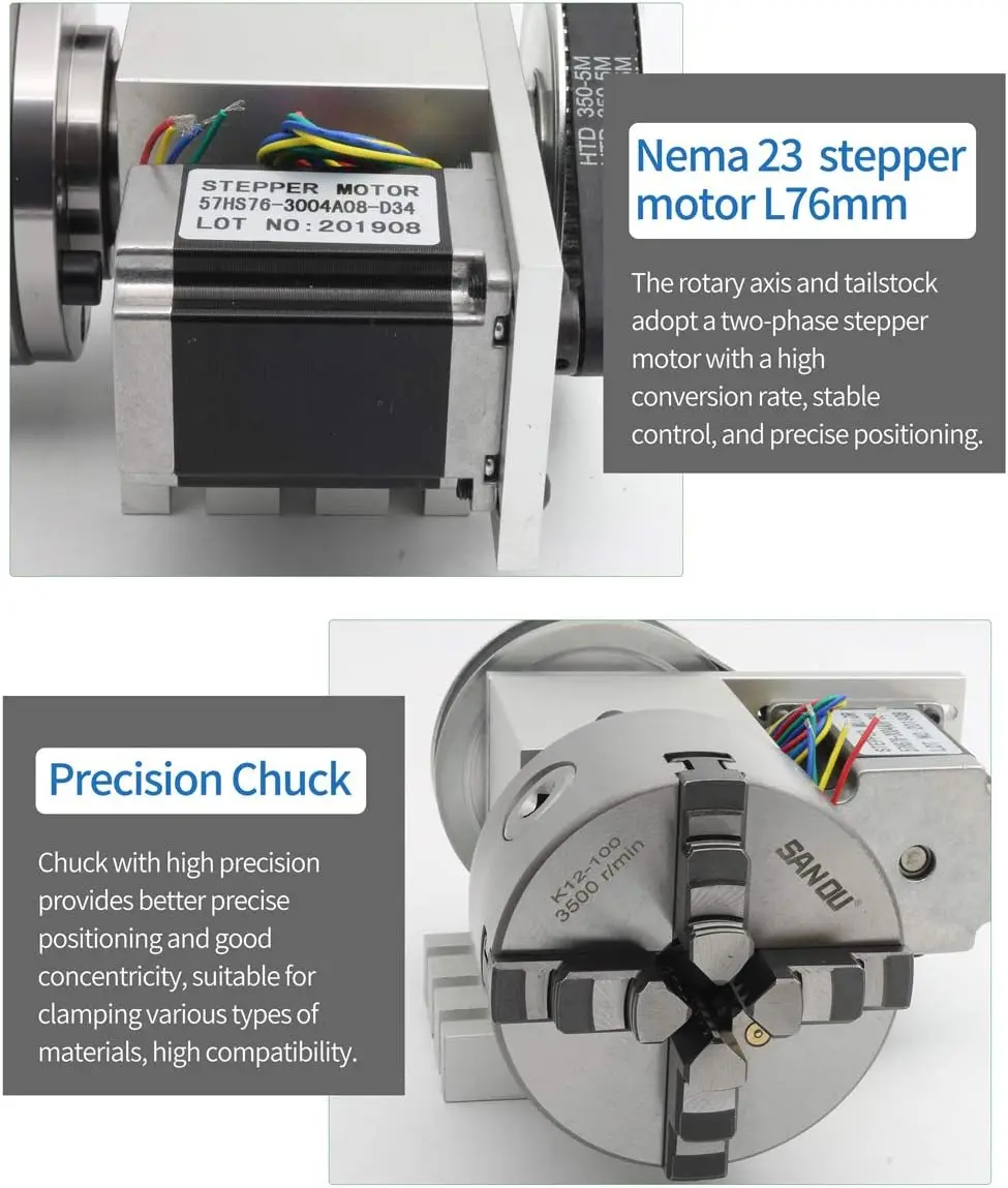【EU Stock】K11-100m K12-100mm 3 Jaw or 4Jaw Chuck 4th Axis+Tailstock Dividing Head Rotation Axis with Nema23 Stepper Motor
