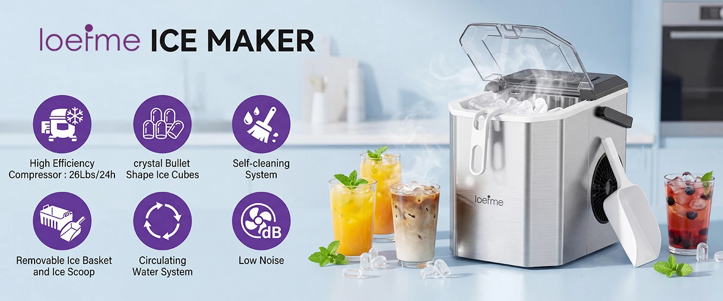 Loefme Desktop Fully Automatic Bullet Shaped Ice Maker 12kg/24h Fast Ice Making Suitable For Home Automatic Cleaning Ice Machine