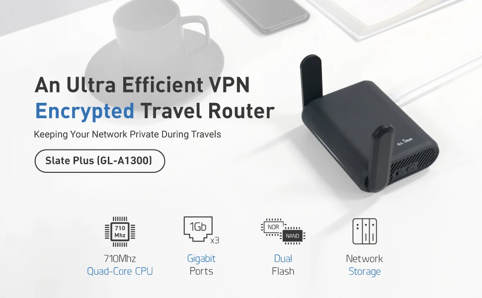 GL.iNet Slate Plus (GL-A1300) Travel Router - VPN Encryption, Dual-Band Wi-Fi, Easy Hotel/Captive Portal Setup