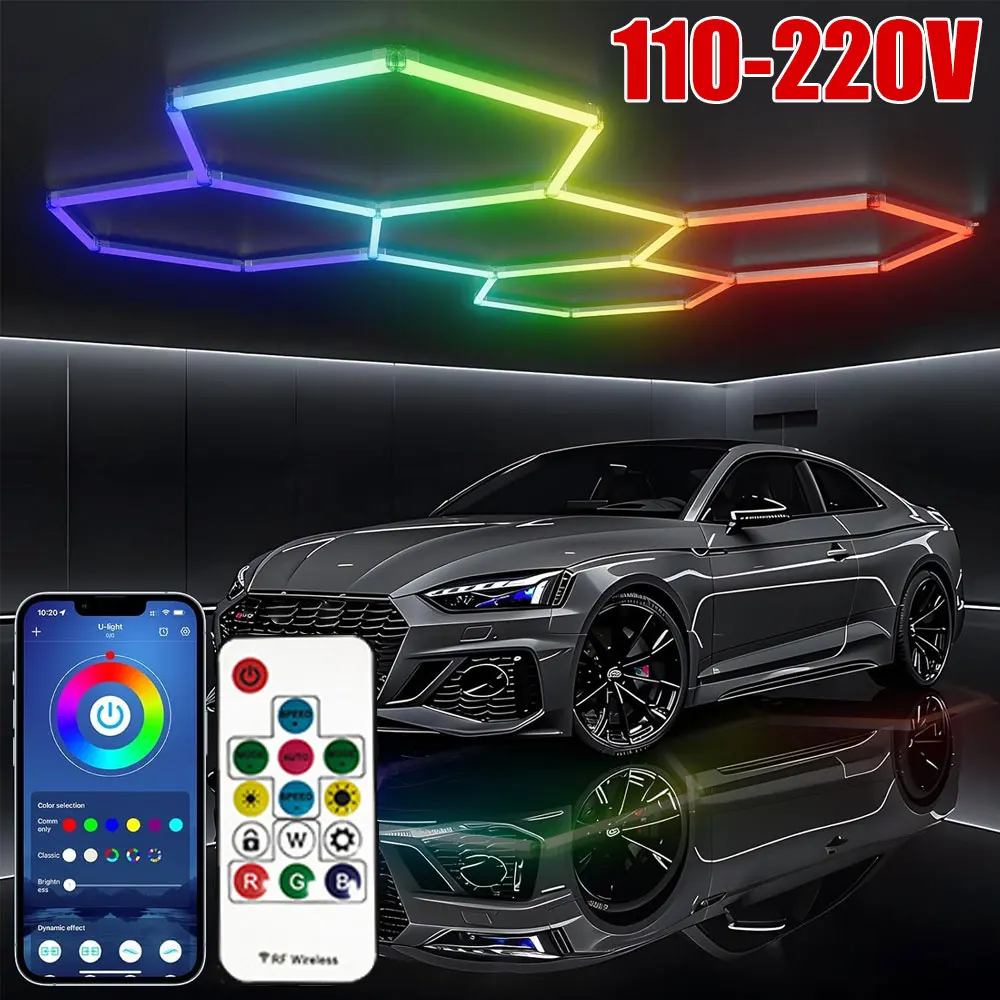 5PCS 110-240V Hexagon Garage Light RGB Hexagon LED Lighting Honeycomb Lamps for Car Wash Auto Repair Workshop Ceiling Lighting