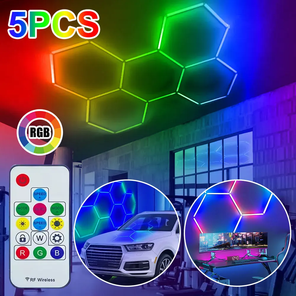 5PCS 110-240V Hexagon Garage Light RGB Hexagon LED Lighting Honeycomb Lamps for Car Wash Auto Repair Workshop Ceiling Lighting