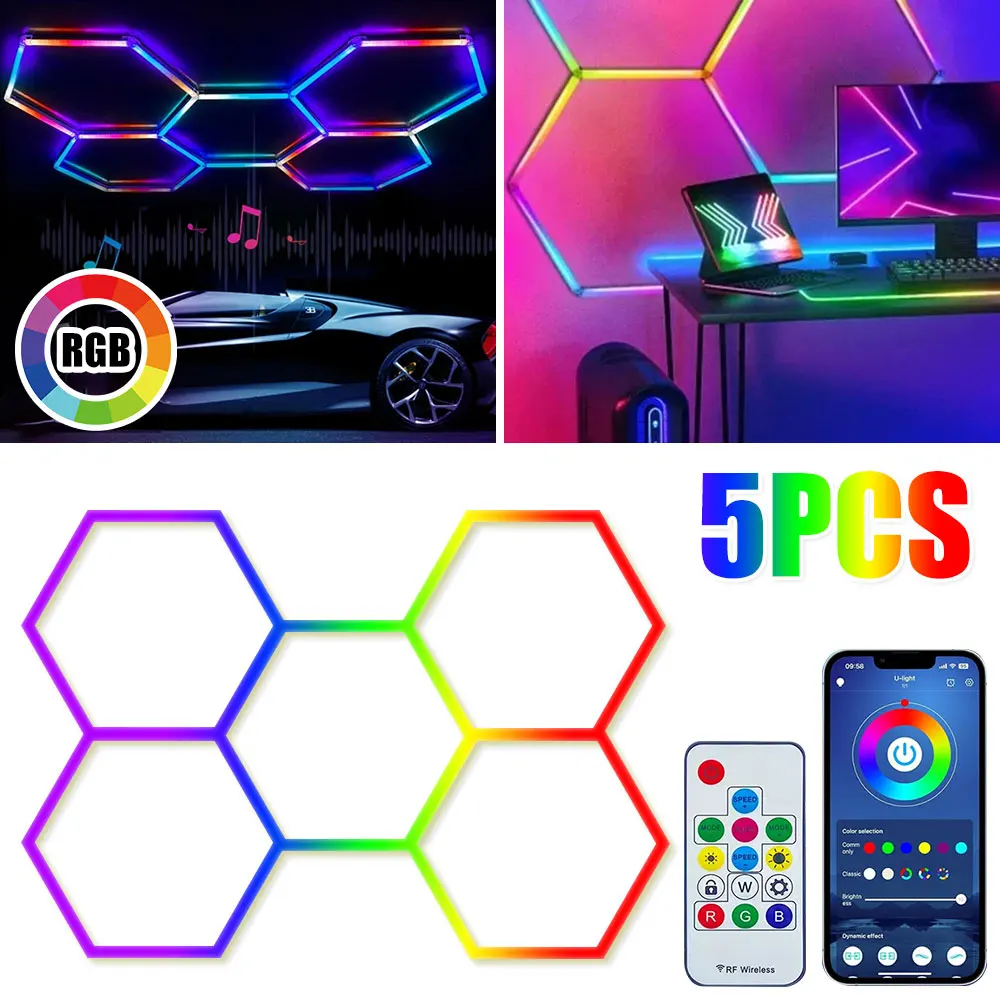 5PCS 110-240V Hexagon Garage Light RGB Hexagon LED Lighting Honeycomb Lamps for Car Wash Auto Repair Workshop Ceiling Lighting