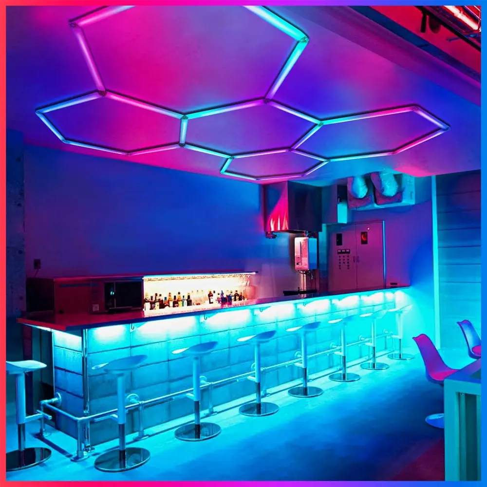 5PCS 110-240V Hexagon Garage Light RGB Hexagon LED Lighting Honeycomb Lamps for Car Wash Auto Repair Workshop Ceiling Lighting