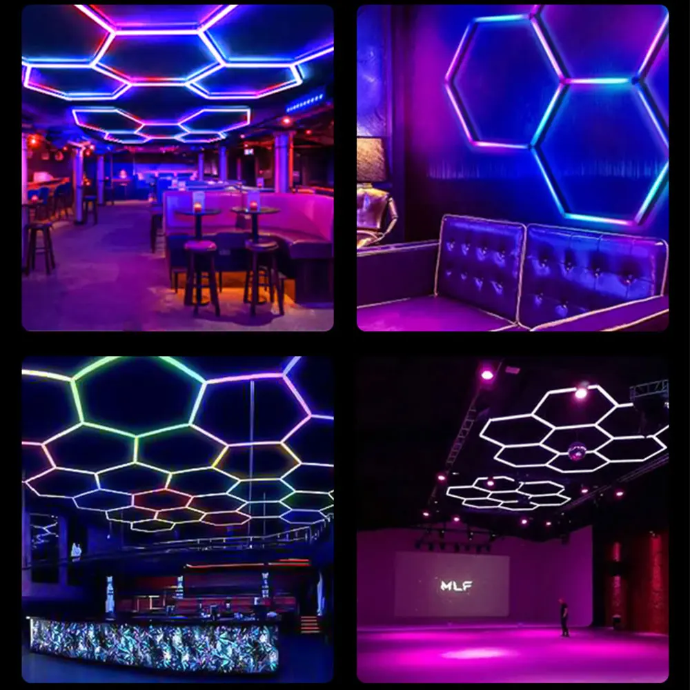 5PCS 110-240V Hexagon Garage Light RGB Hexagon LED Lighting Honeycomb Lamps for Car Wash Auto Repair Workshop Ceiling Lighting