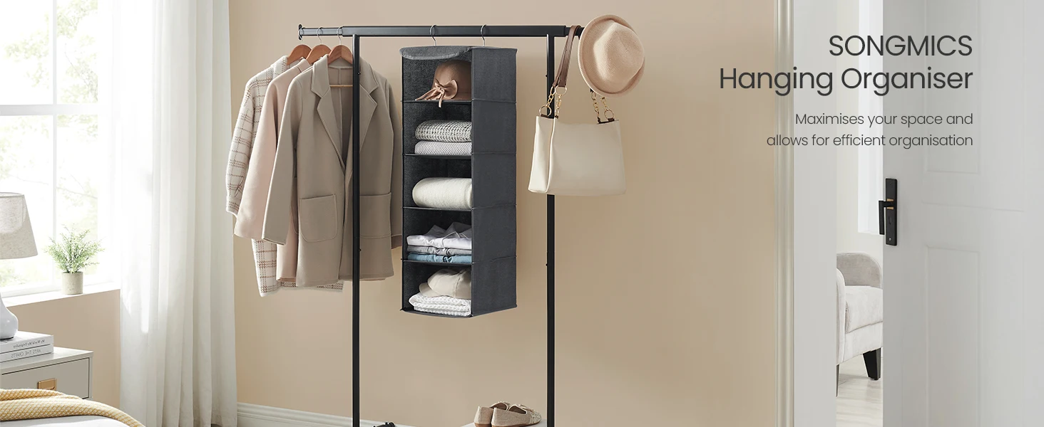 SONGMICS Hanging Wardrobe Storage Organiser, Hanging Storage Shelves, Foldable Wardrobe Clothes Organiser, Space-Saving