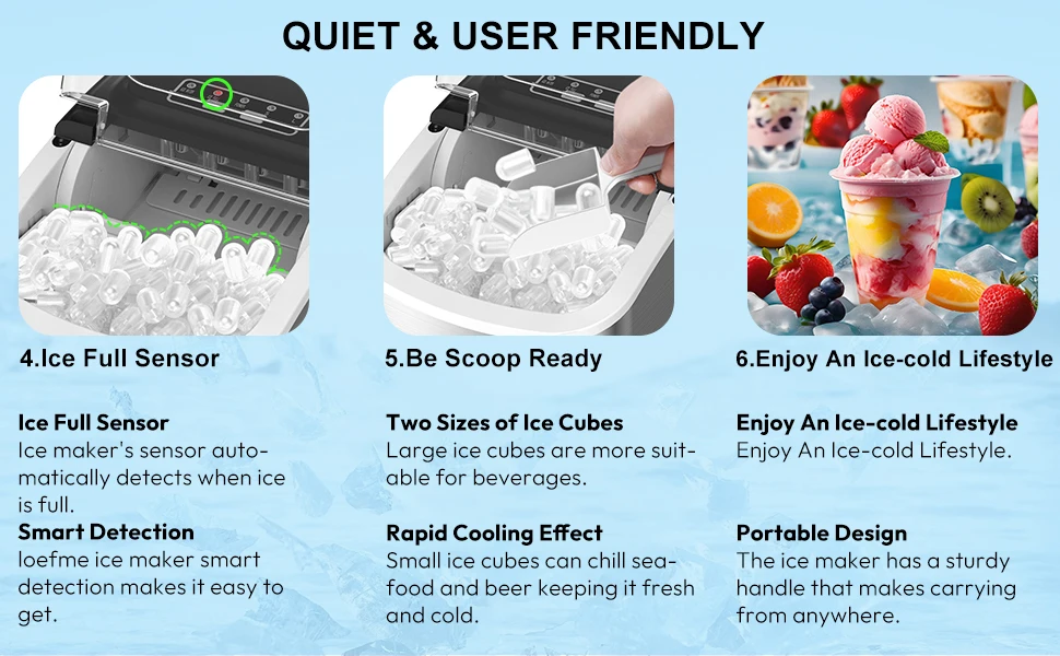 LOEFME Portable Mini Fully Automatic Bullet Shaped Ice Maker 12kg/24h 6 Minutes/9pcs Ice Cubes W/ Scoop Professional Ice Machine