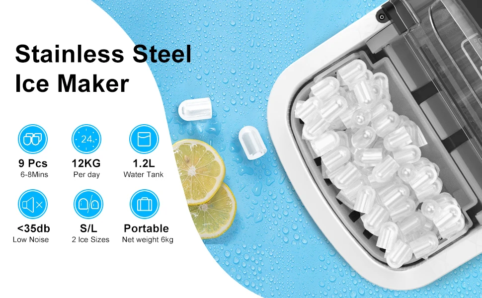 LOEFME Portable Mini Fully Automatic Bullet Shaped Ice Maker 12kg/24h 6 Minutes/9pcs Ice Cubes W/ Scoop Professional Ice Machine
