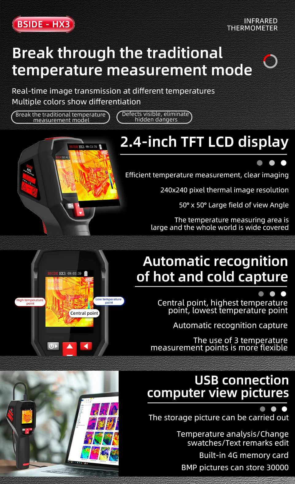 BSIDE black Smart Portable Thermal Imager 15 Color Palettes -20~550C 100×100IR Resolution PC Analysis Software Drop Resistant