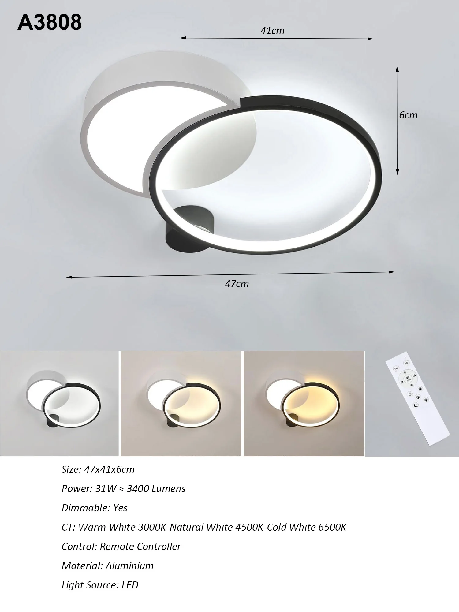 Black LED Flush Mount Ceiling Light with Remote Control, Dimmable 3000-6500K for Living Room, Dining Room, Kitchen, Bedroom