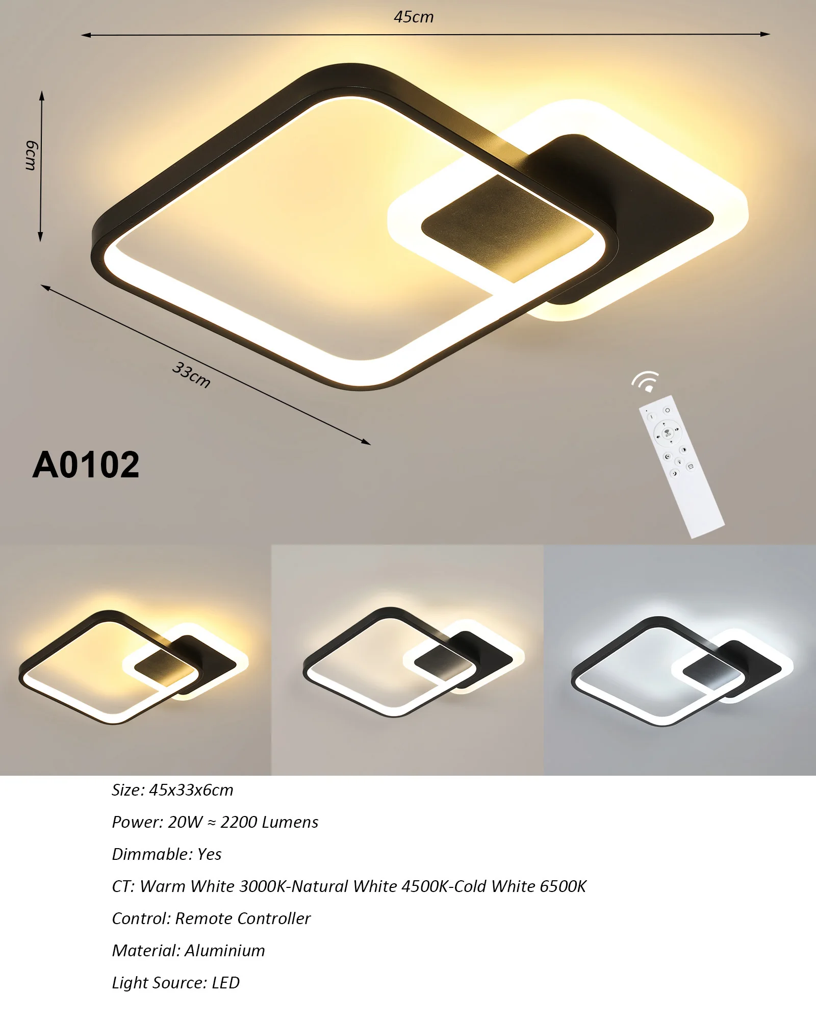 Black LED Flush Mount Ceiling Light with Remote Control, Dimmable 3000-6500K for Living Room, Dining Room, Kitchen, Bedroom