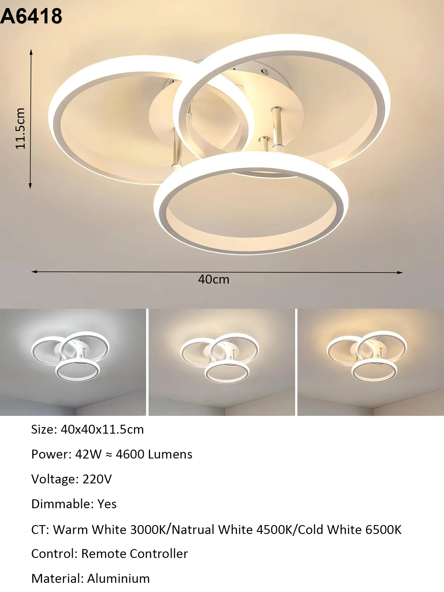 Black LED Flush Mount Ceiling Light with Remote Control, Dimmable 3000-6500K for Living Room, Dining Room, Kitchen, Bedroom