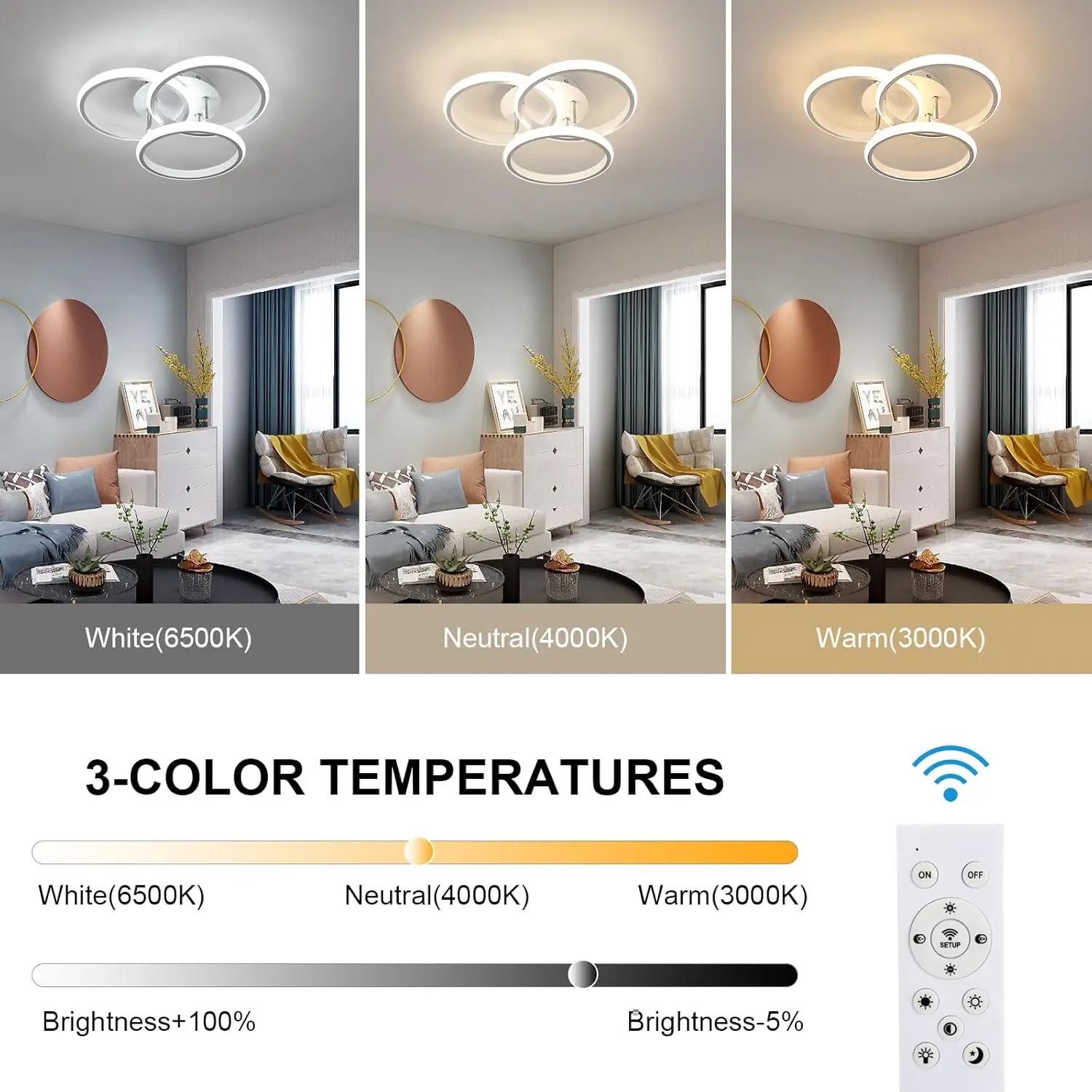 Black LED Flush Mount Ceiling Light with Remote Control, Dimmable 3000-6500K for Living Room, Dining Room, Kitchen, Bedroom