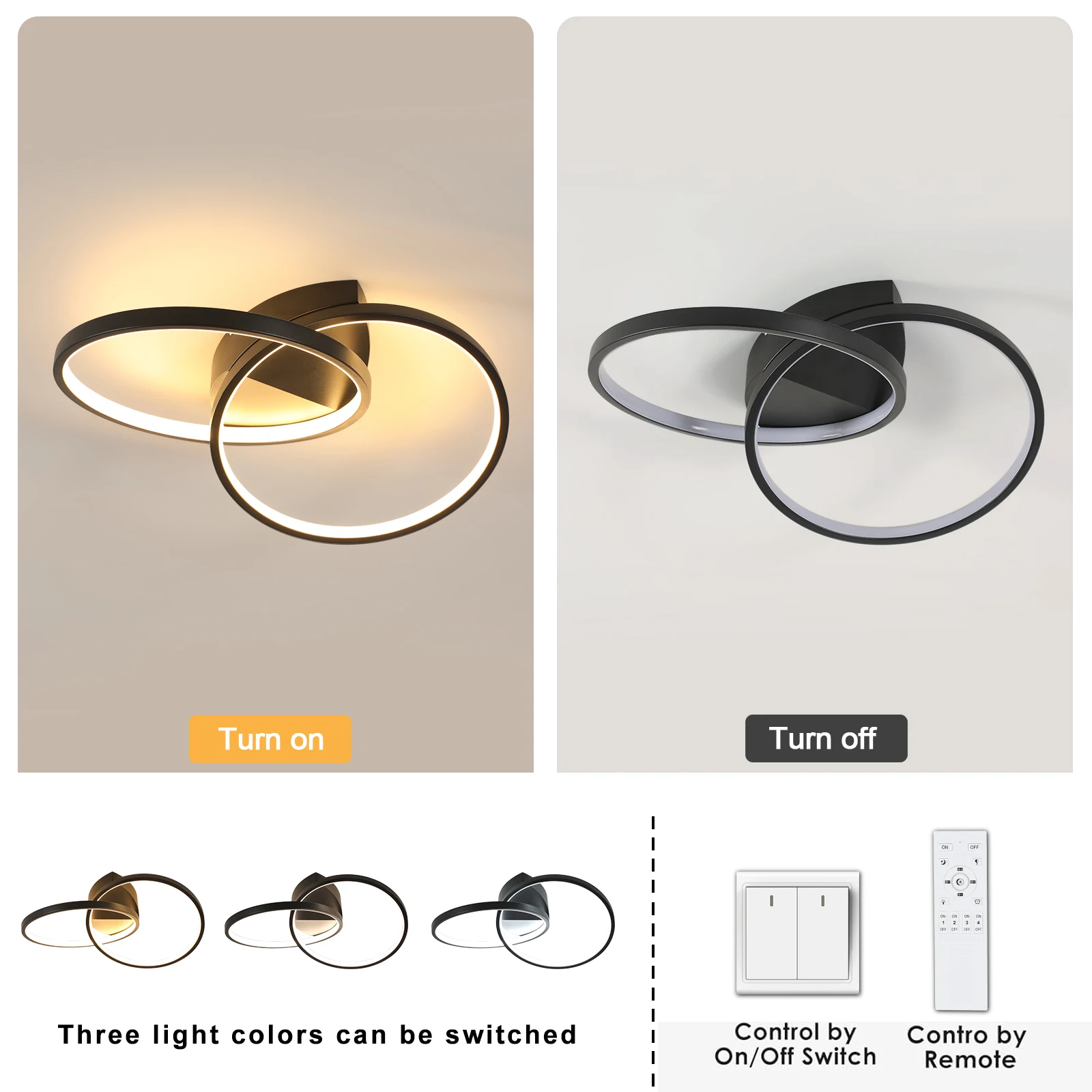 Black LED Flush Mount Ceiling Light with Remote Control, Dimmable 3000-6500K for Living Room, Dining Room, Kitchen, Bedroom