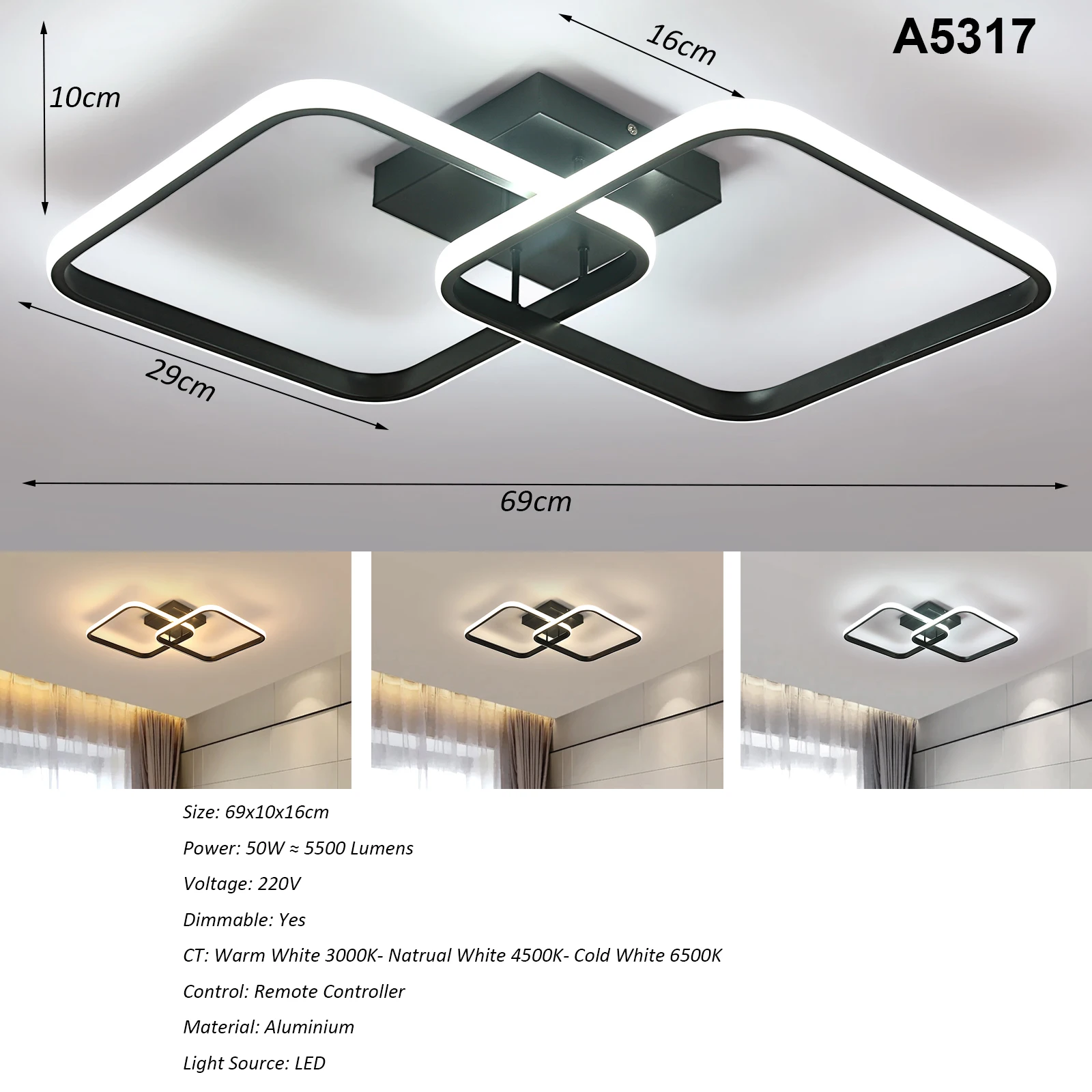 Black LED Flush Mount Ceiling Light with Remote Control, Dimmable 3000-6500K for Living Room, Dining Room, Kitchen, Bedroom