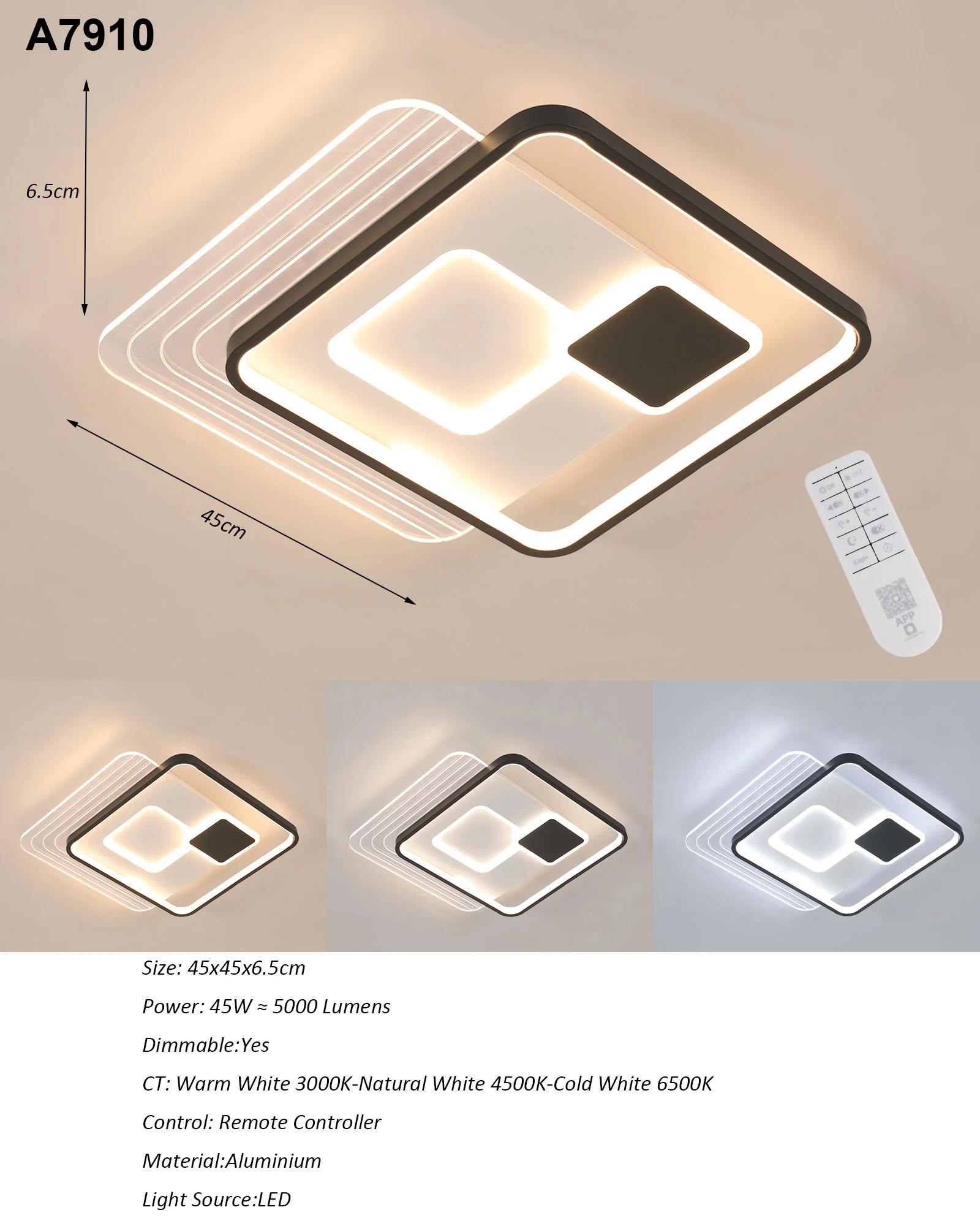 Black LED Flush Mount Ceiling Light with Remote Control, Dimmable 3000-6500K for Living Room, Dining Room, Kitchen, Bedroom