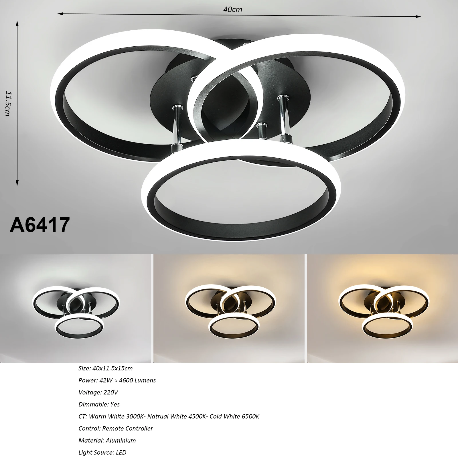 Black LED Flush Mount Ceiling Light with Remote Control, Dimmable 3000-6500K for Living Room, Dining Room, Kitchen, Bedroom