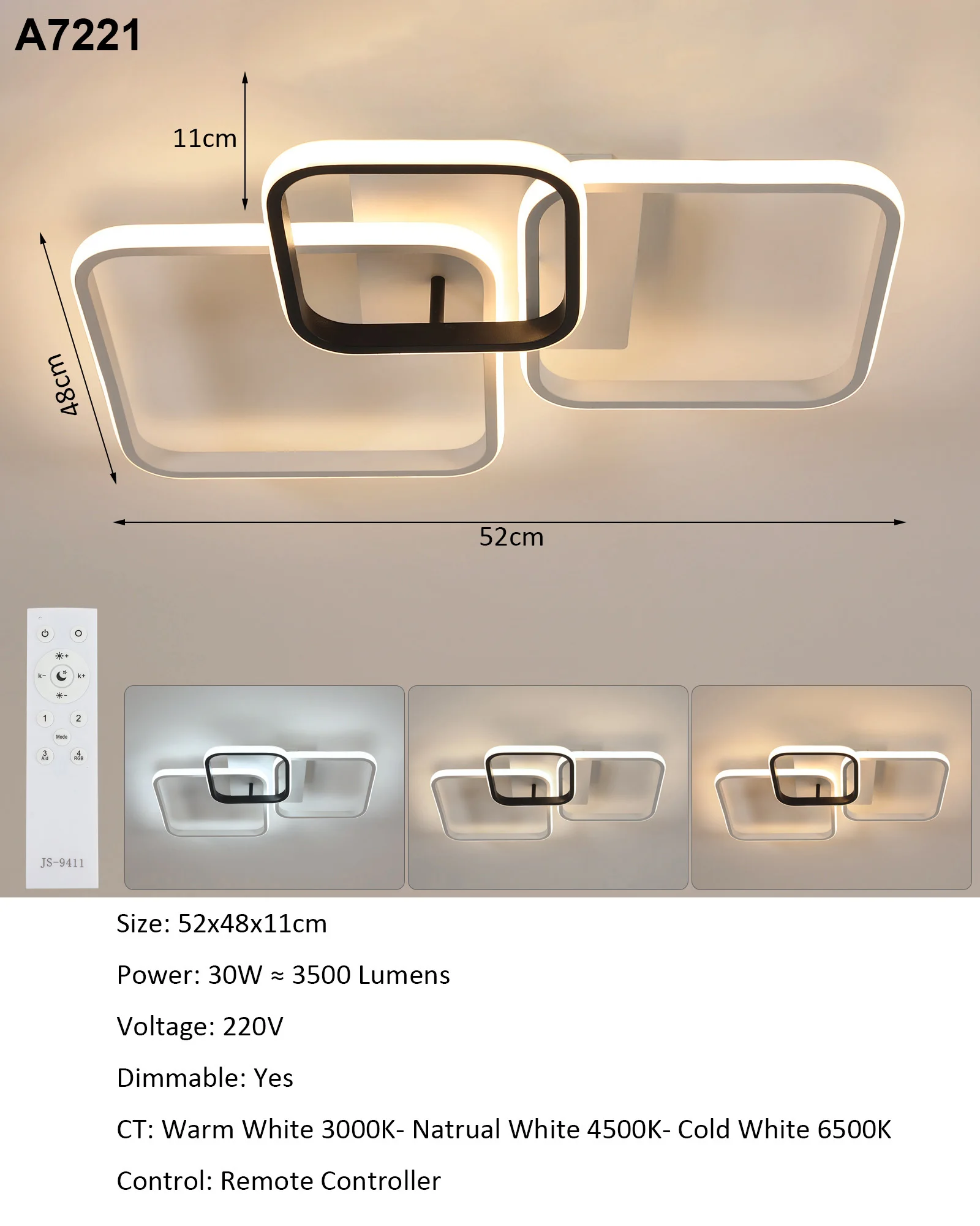Black LED Flush Mount Ceiling Light with Remote Control, Dimmable 3000-6500K for Living Room, Dining Room, Kitchen, Bedroom