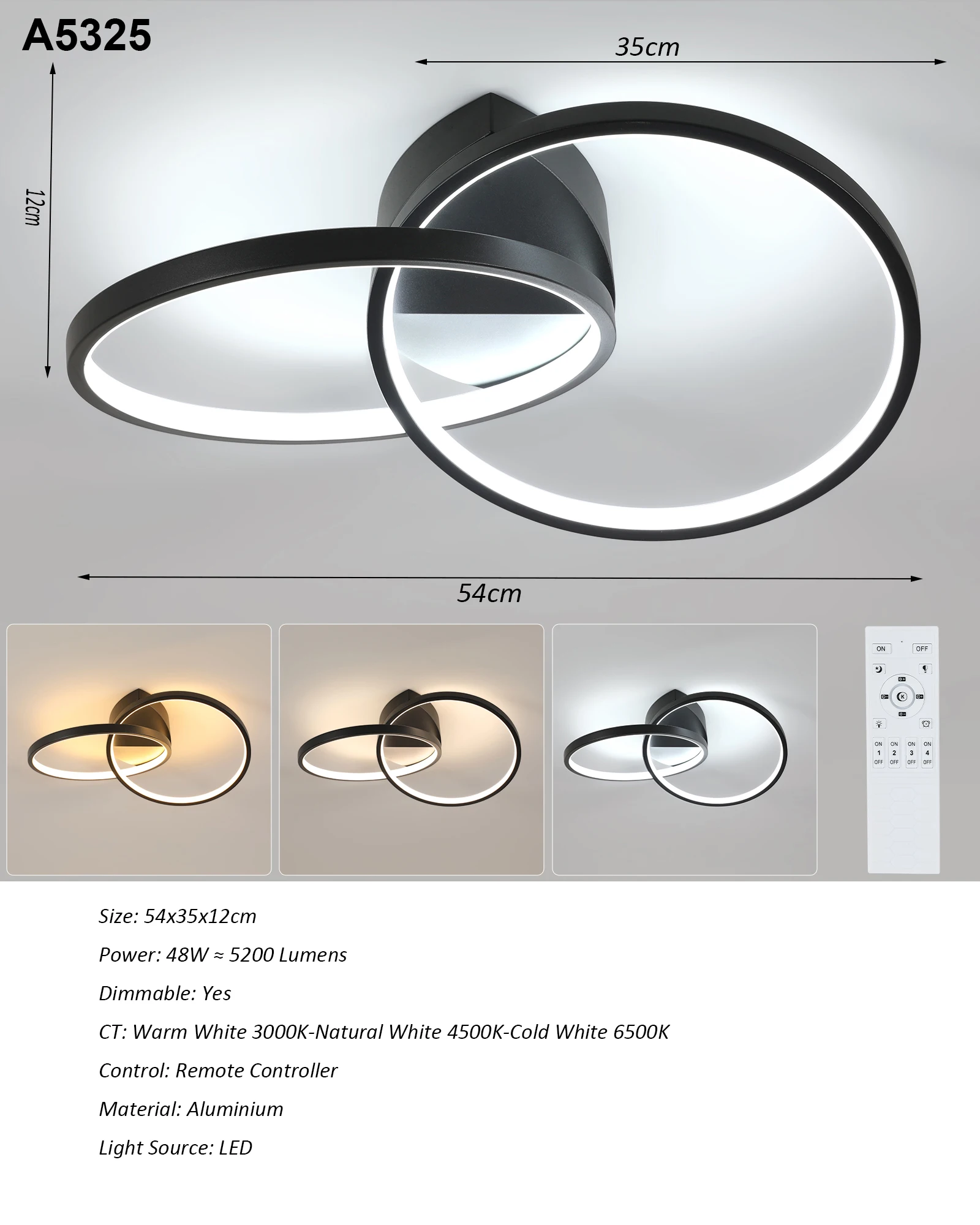 Black LED Flush Mount Ceiling Light with Remote Control, Dimmable 3000-6500K for Living Room, Dining Room, Kitchen, Bedroom