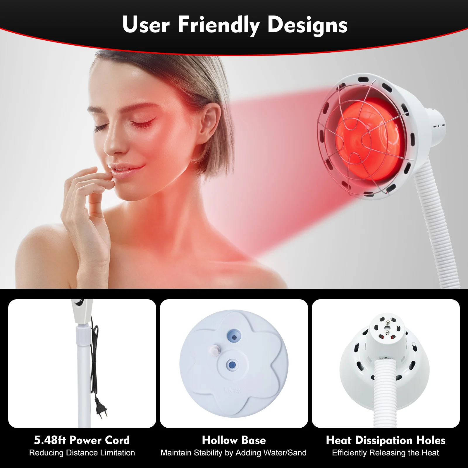 275W Adjustable Infrared Heat Lamp for Muscle&Joint Pain Relief, 360° Rotatable Infrared Baking Light, 0-115℃ Temp Control
