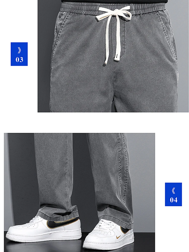 Summer Soft Lyocell Fabric Men's Jeans Thin Loose Straight Pants Drawstring Elastic Waist Korea Casual Trousers Plus Size M-5XL