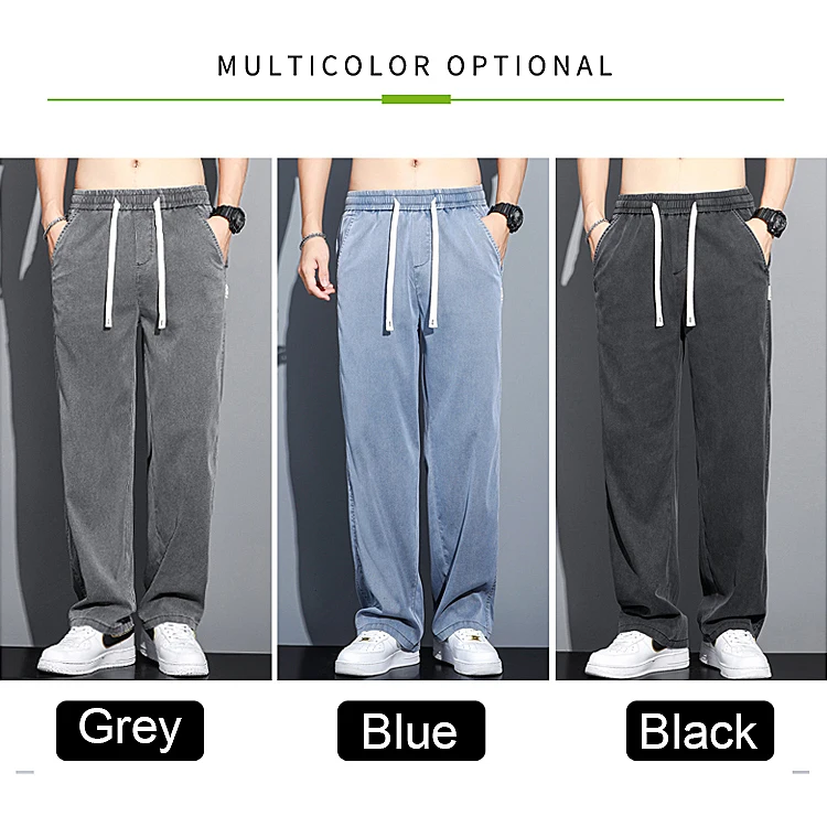 Summer Soft Lyocell Fabric Men's Jeans Thin Loose Straight Pants Drawstring Elastic Waist Korea Casual Trousers Plus Size M-5XL