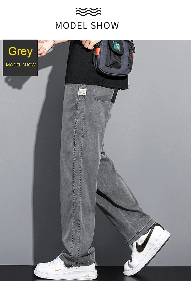 Summer Soft Lyocell Fabric Men's Jeans Thin Loose Straight Pants Drawstring Elastic Waist Korea Casual Trousers Plus Size M-5XL