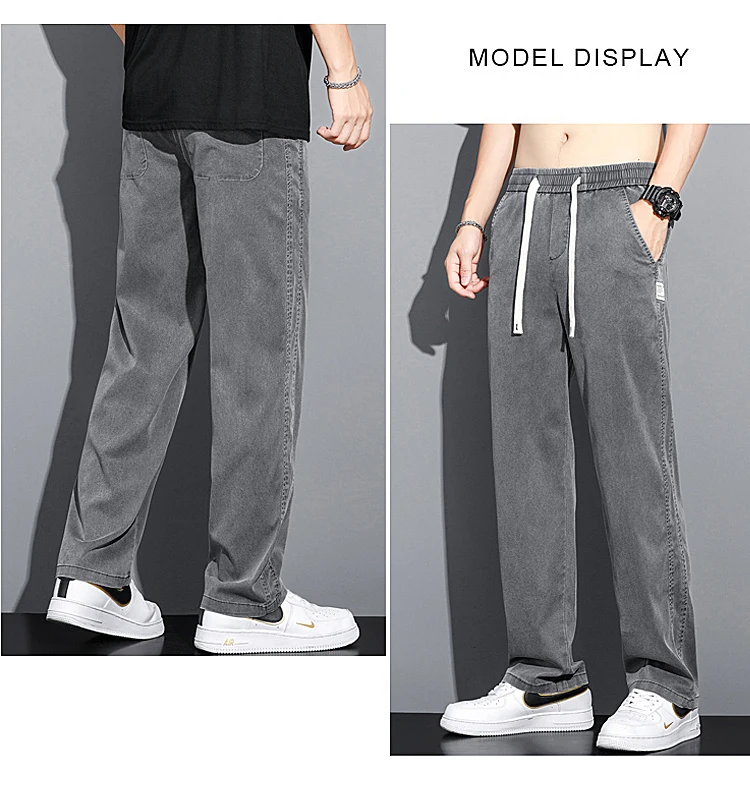 Summer Soft Lyocell Fabric Men's Jeans Thin Loose Straight Pants Drawstring Elastic Waist Korea Casual Trousers Plus Size M-5XL