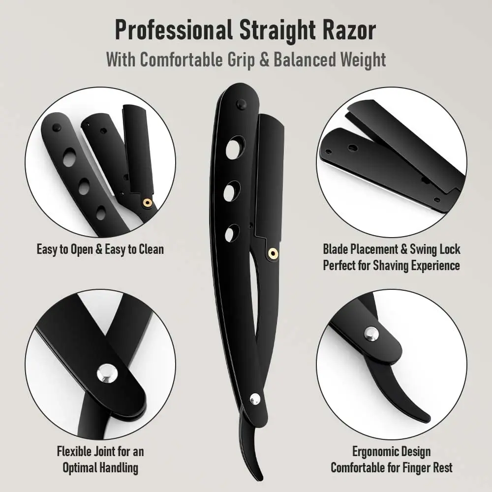 Men Shaving Barber Tools Hair Razor and Blades Antique Black Folding Shaving Knife Stainless Steel Straight Razor Holder