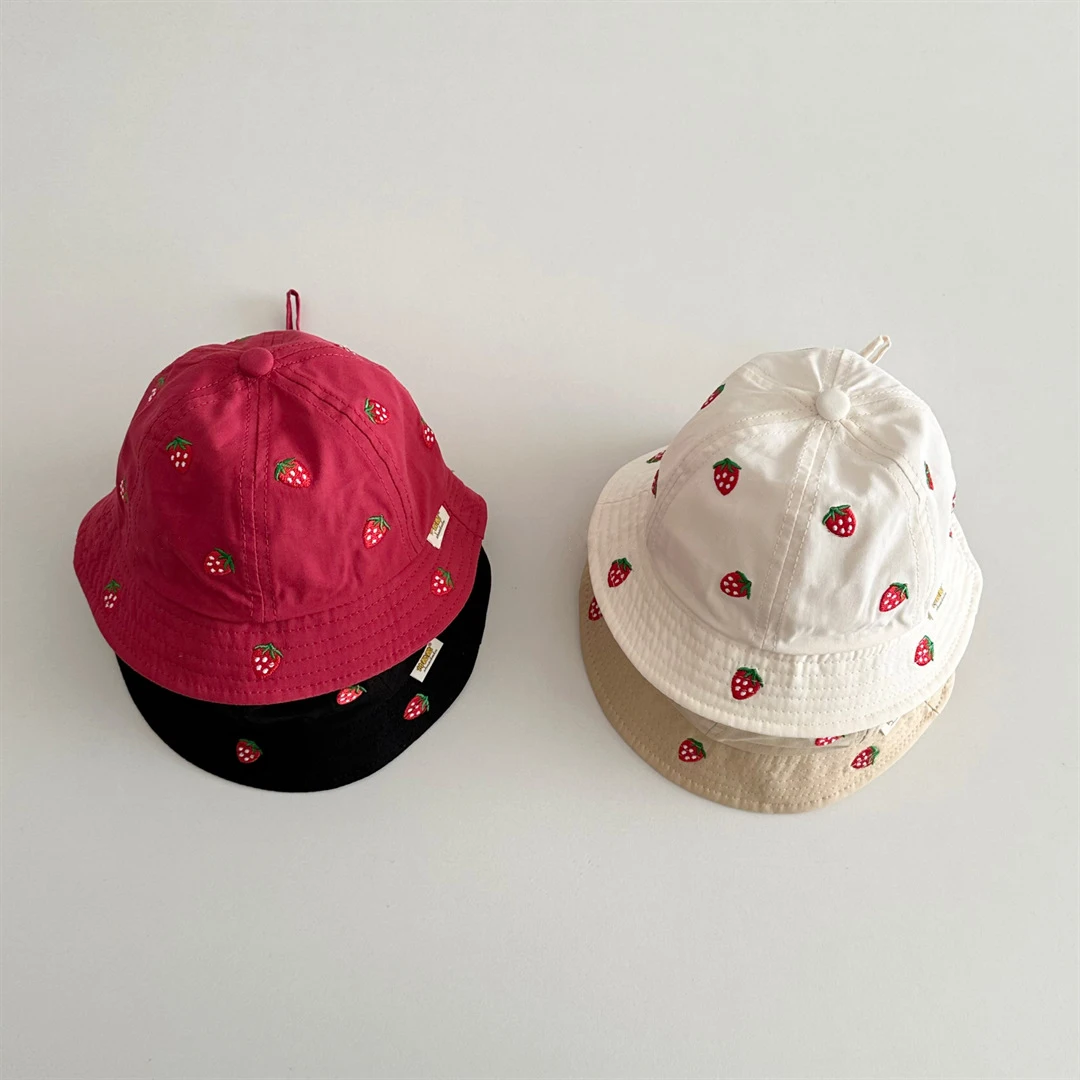 MILANCEL New Spring Baby Girls Hat 1-4T Sweet Embroidered Strawberry Kids Fisherman Hat Cute 6 Colors Children Sun Hat