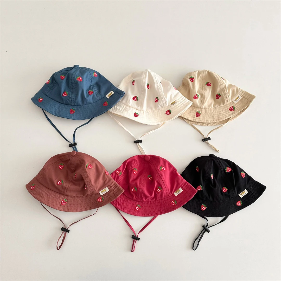 MILANCEL New Spring Baby Girls Hat 1-4T Sweet Embroidered Strawberry Kids Fisherman Hat Cute 6 Colors Children Sun Hat