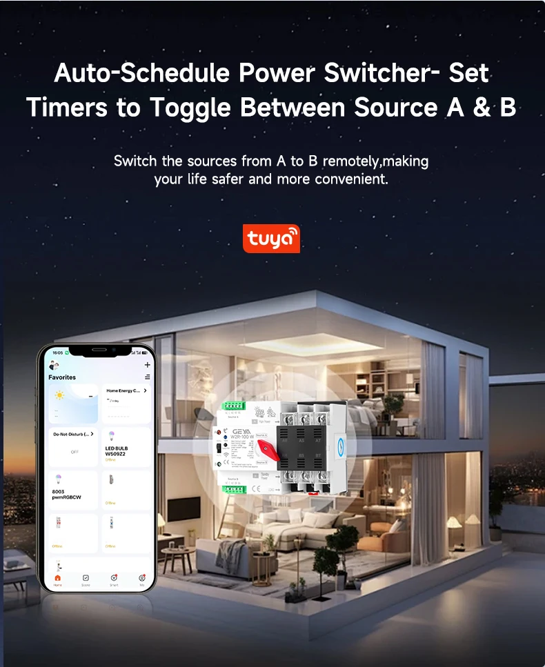 GEYA WIFI Smart ATS 2P 4P 230VAC Dual Power Automatic Transfer Switch Uninterrupted Remote Automatic Control Power Switcher Tuya