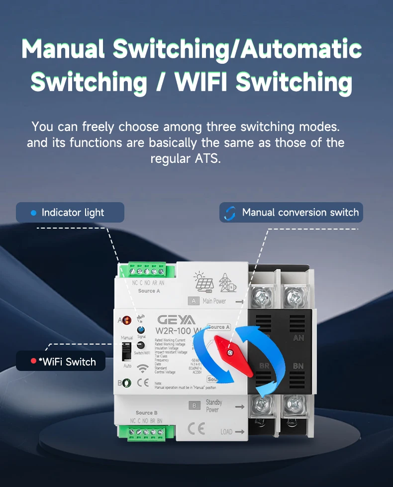 GEYA WIFI Smart ATS 2P 4P 230VAC Dual Power Automatic Transfer Switch Uninterrupted Remote Automatic Control Power Switcher Tuya