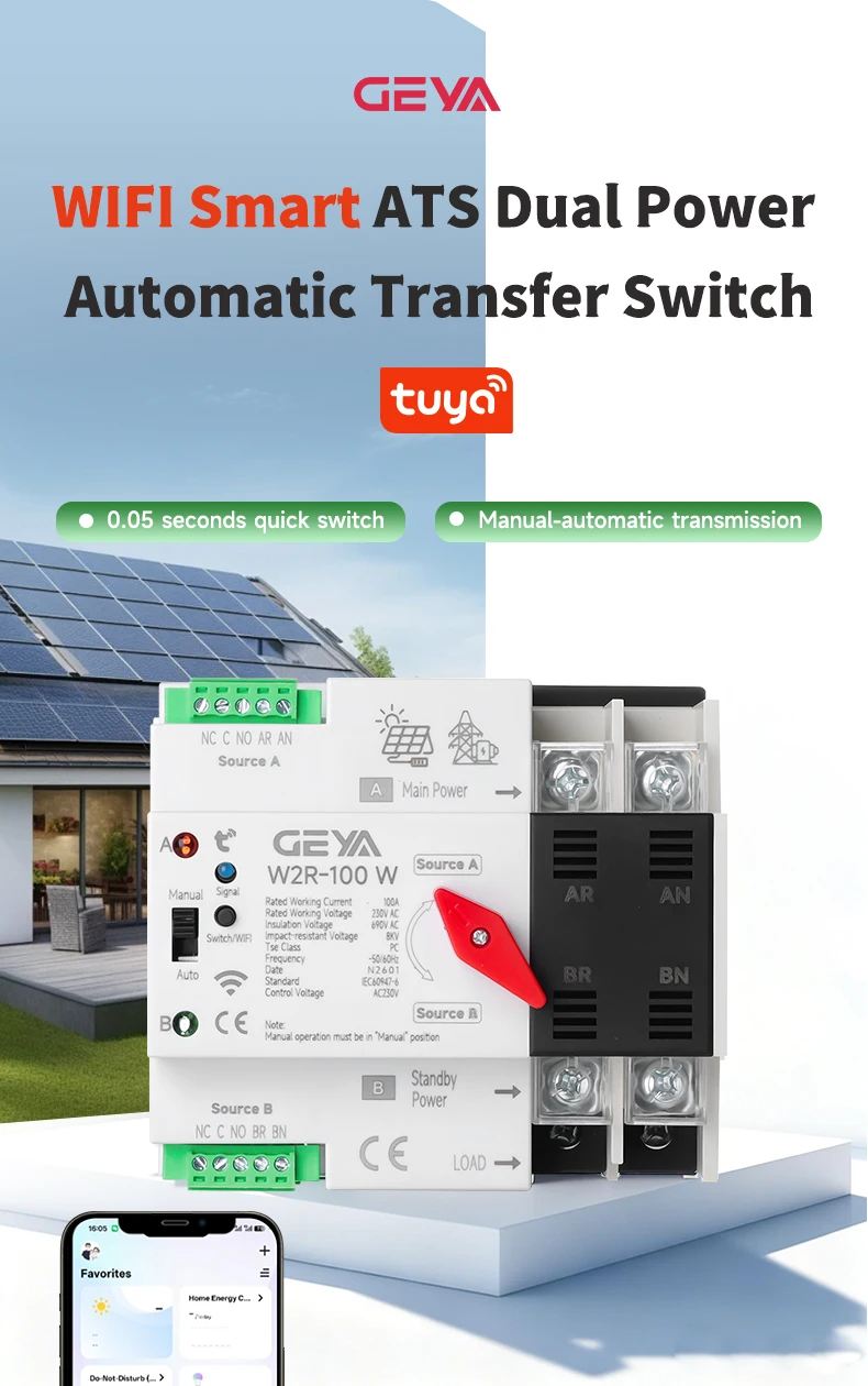 GEYA WIFI Smart ATS 2P 4P 230VAC Dual Power Automatic Transfer Switch Uninterrupted Remote Automatic Control Power Switcher Tuya
