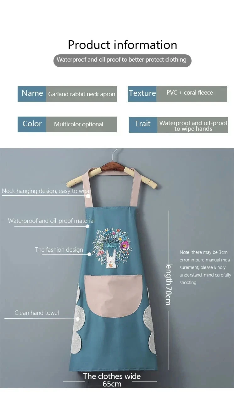 Hand-wiping Aprons For Women Rabbit Print Kitchen Cooking Apron Household Oil-proof Waterproof Apron Adult Waist Fashion Uniform