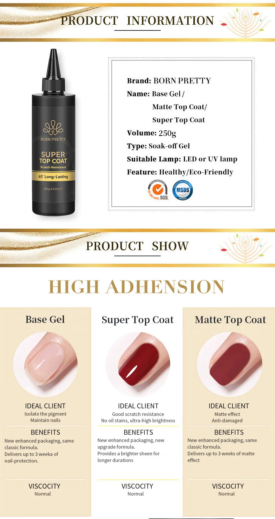 BORN PRETTY 250g Super Top Coat Gel Nail Polish Base Gel Matte Top Coat Jelly Gel Rubber Base Gel Soak Off Big Volume Varnish