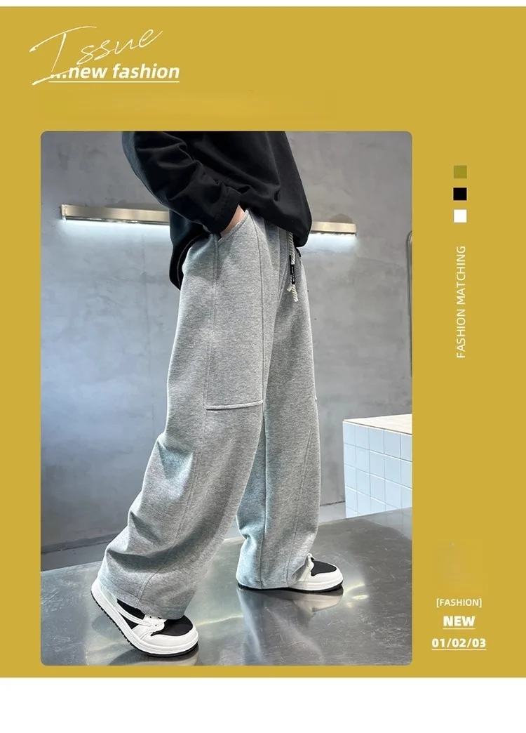 2026 New Spring Casual Kids Pants Black Elastic Waist Straight Leg Sweatpants for Boys Loose Pocket Children Trousers