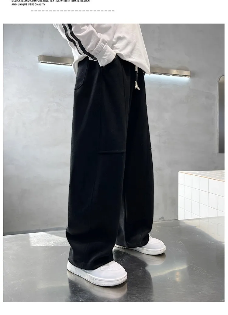 2026 New Spring Casual Kids Pants Black Elastic Waist Straight Leg Sweatpants for Boys Loose Pocket Children Trousers