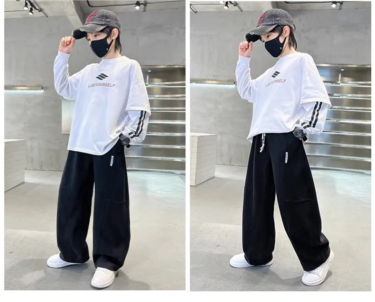 2026 New Spring Casual Kids Pants Black Elastic Waist Straight Leg Sweatpants for Boys Loose Pocket Children Trousers
