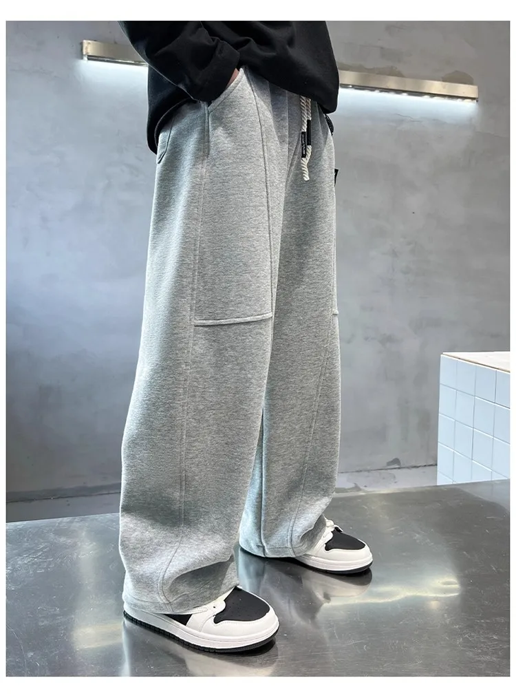 2026 New Spring Casual Kids Pants Black Elastic Waist Straight Leg Sweatpants for Boys Loose Pocket Children Trousers