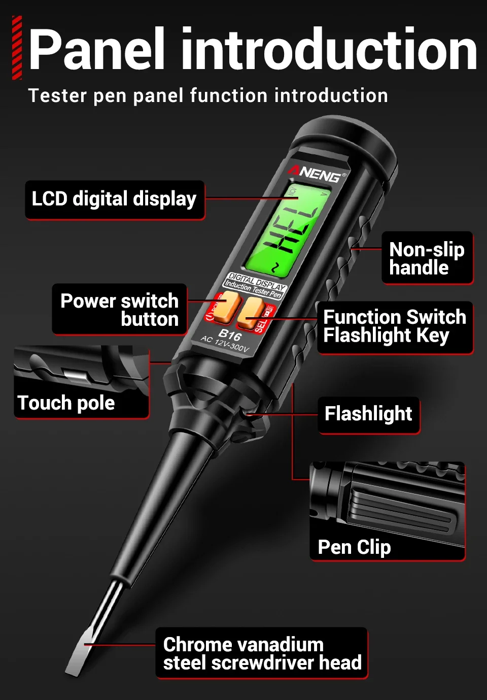 12V-300V AC Voltage Sensing Digital Tester Pen ANENG B16 Word Screwdriver Non-Contact NCV Voltage Sound and Light Alarm Detector