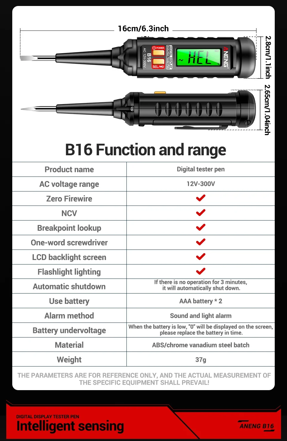 12V-300V AC Voltage Sensing Digital Tester Pen ANENG B16 Word Screwdriver Non-Contact NCV Voltage Sound and Light Alarm Detector