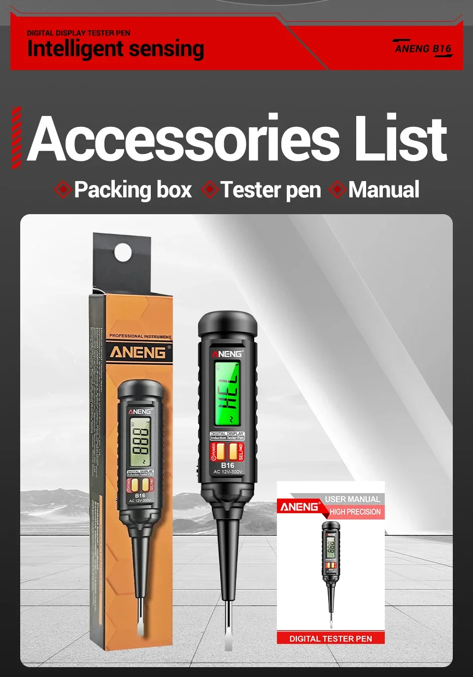 12V-300V AC Voltage Sensing Digital Tester Pen ANENG B16 Word Screwdriver Non-Contact NCV Voltage Sound and Light Alarm Detector