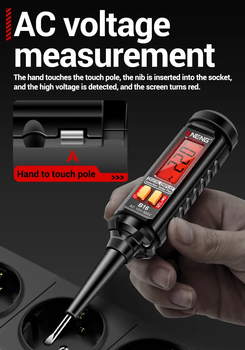 12V-300V AC Voltage Sensing Digital Tester Pen ANENG B16 Word Screwdriver Non-Contact NCV Voltage Sound and Light Alarm Detector